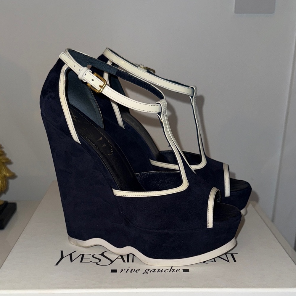 Yves Saint Laurent vintage Navy suede and white Wedges